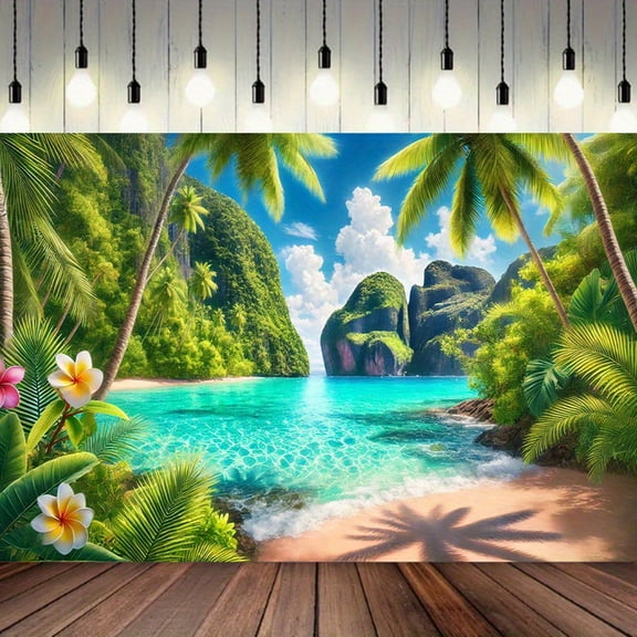 Tropical Beach Scene Backdrop Summer Hawaii Tropical Palm Tree Seaside Background Blue Sea Sky White Clouds Birthday Party Decorations Banner Photo Booth Props