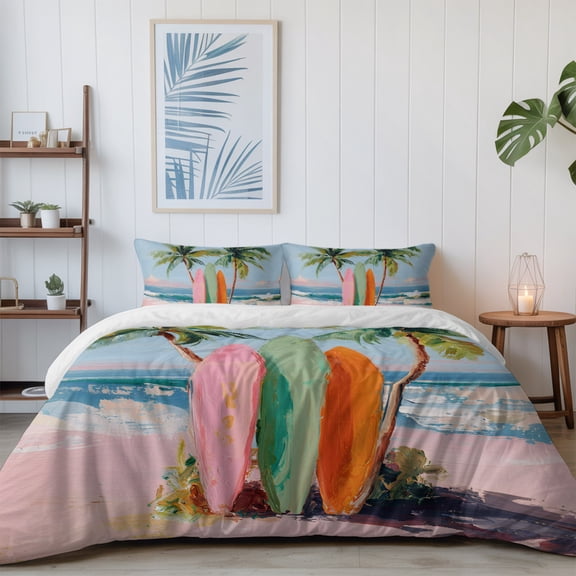 Tropical Beach Scene California King Size Bed Set,Summer Coconut Tree Surfboard Bedding for All Seasons,4 Pcs Bed Set with 1 Quiltcover (96"x104"),1 Sheet (110"x98"),2 Pillowcases (20"x36")