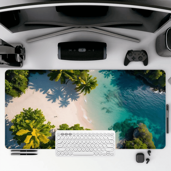 Tropical Beach Scene Mouse Pad 35.4 x 15.8 Inches Rubber Desk Mat with Ocean and Palm Tree Design for Office and Home Use
