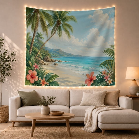 Tropical Beach Scene With Palm Trees and Hibiscus Flowers, Serene Coastal View for Ocean Lovers, Coastal Home Decor Summer Gift Tapestry Wall Hanging for Bedroom, Living Room and Dorm