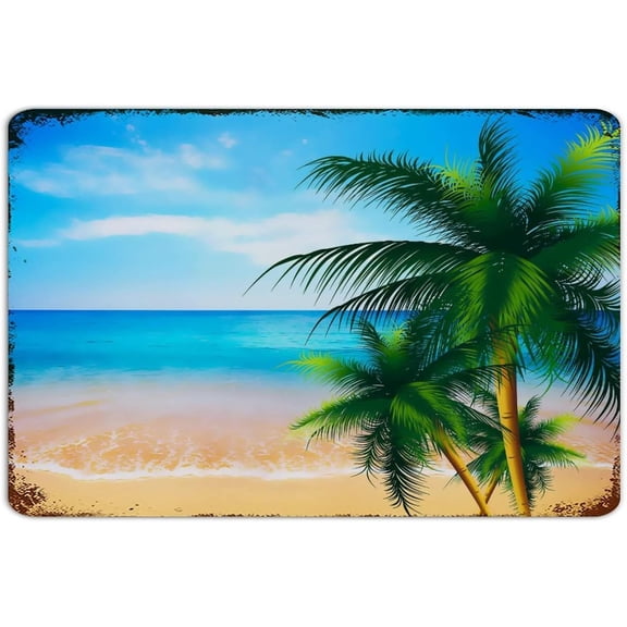 Tropical Beach Scene Palm Trees Rustic Metal Wall Sign, Ocean Theme Sea Coconut Tree Home Decor Plaque for Living Room Yard Bathroom, 8 x 12 Inch