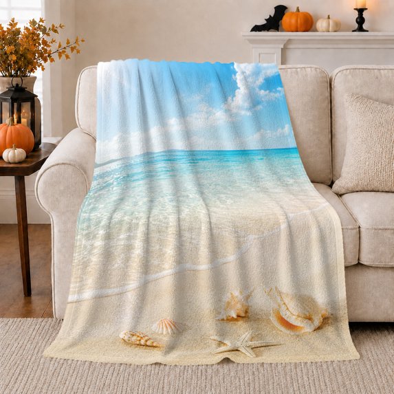 Tropical Beach Scene Seashells, Festive Holiday Scene, Warm Flannel Blanket for Beach House and Living Room with Detailed Artwork, Art Lovers Christmas Gift, Festive Home Decor