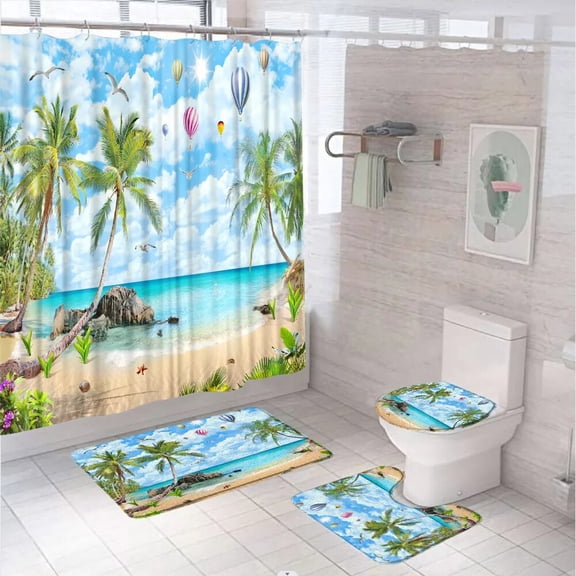 Tropical Beach Scene Shower Curtain Set Bathroom Decor Hawaiian Palm Trees Summer Islands Natural Sea Bath Mat Rug Toilet Cover