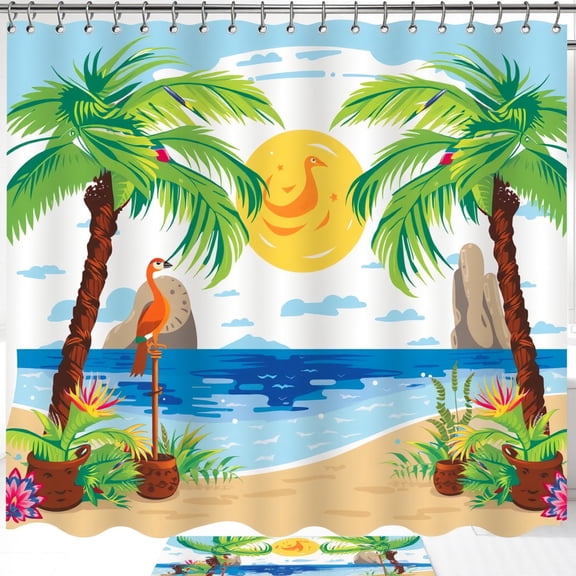 Tropical Beach Scene Shower Curtain - Vibrant Trees Sun Ocean & Exotic Flowers - Cheerful Bathroom Decor