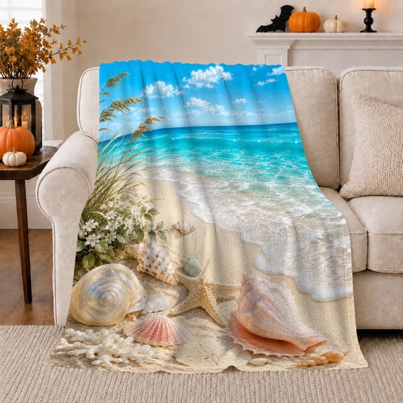 Tropical Beach Scene Starfish Seashells Sand Coastal, Cozy Coastal Landscape Scene, Warm Flannel Blanket for Beach House and Living Room, Beach Lovers Housewarming Gift, Coastal Home Decor