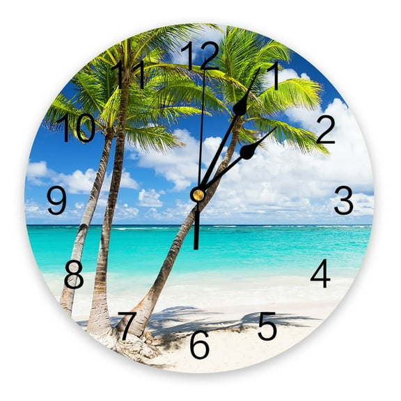 Tropical Beach Scenery Decorative Round Wall Clock Arabic Numerals Design Non Ticking Wall Clock Large For Bedrooms Bathroom（10 Inch）