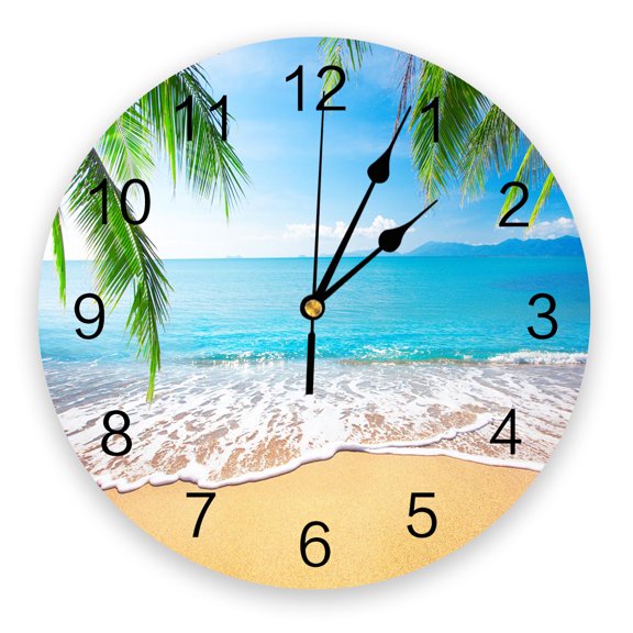 Tropical Beach Scenery Decorative Round Wall Clock Arabic Numerals Design Non Ticking Wall Clock Large For Bedrooms Bathroom(12 Inch)