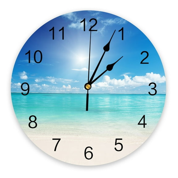 Tropical Beach Scenery Decorative Round Wall Clock Arabic Numerals Design Non Ticking Wall Clock Large For Bedrooms Bathroom（10 Inch）