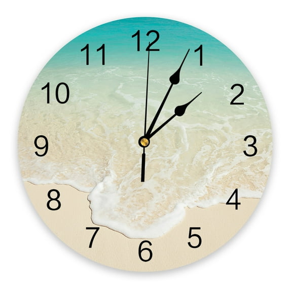 Tropical Beach Scenery Decorative Round Wall Clock Arabic Numerals Design Non Ticking Wall Clock Large For Bedrooms Bathroom（12 Inch）