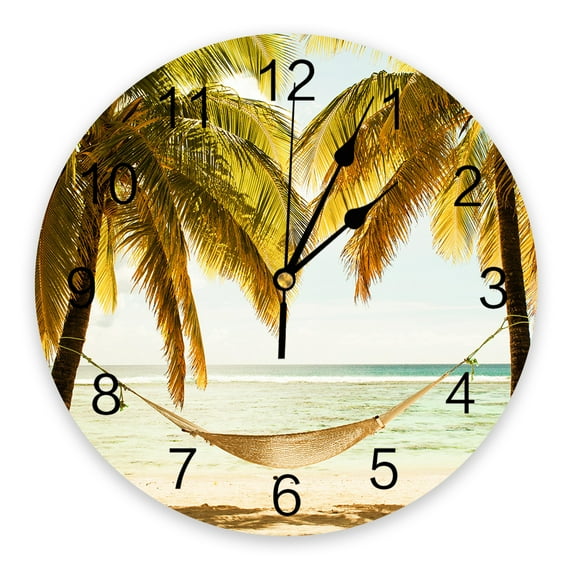 Tropical Beach Scenery Decorative Round Wall Clock Arabic Numerals Design Non Ticking Wall Clock Large For Bedrooms Bathroom（14 Inch）