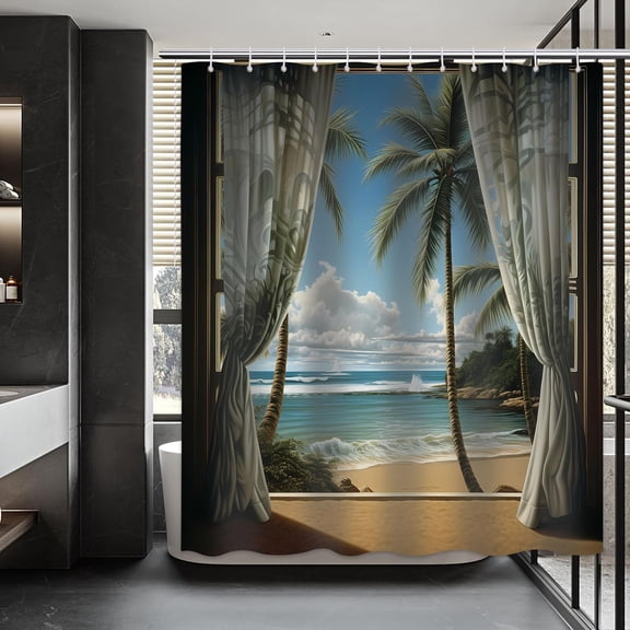 Tropical Beach Shower Curtain, Palm Tree Shower Curtain, Blue Sky White Clouds Scenery Shower Curtain Set Waterproof Bath Curtain Bathroom Decor with 12 Hooks, 72x72 inches