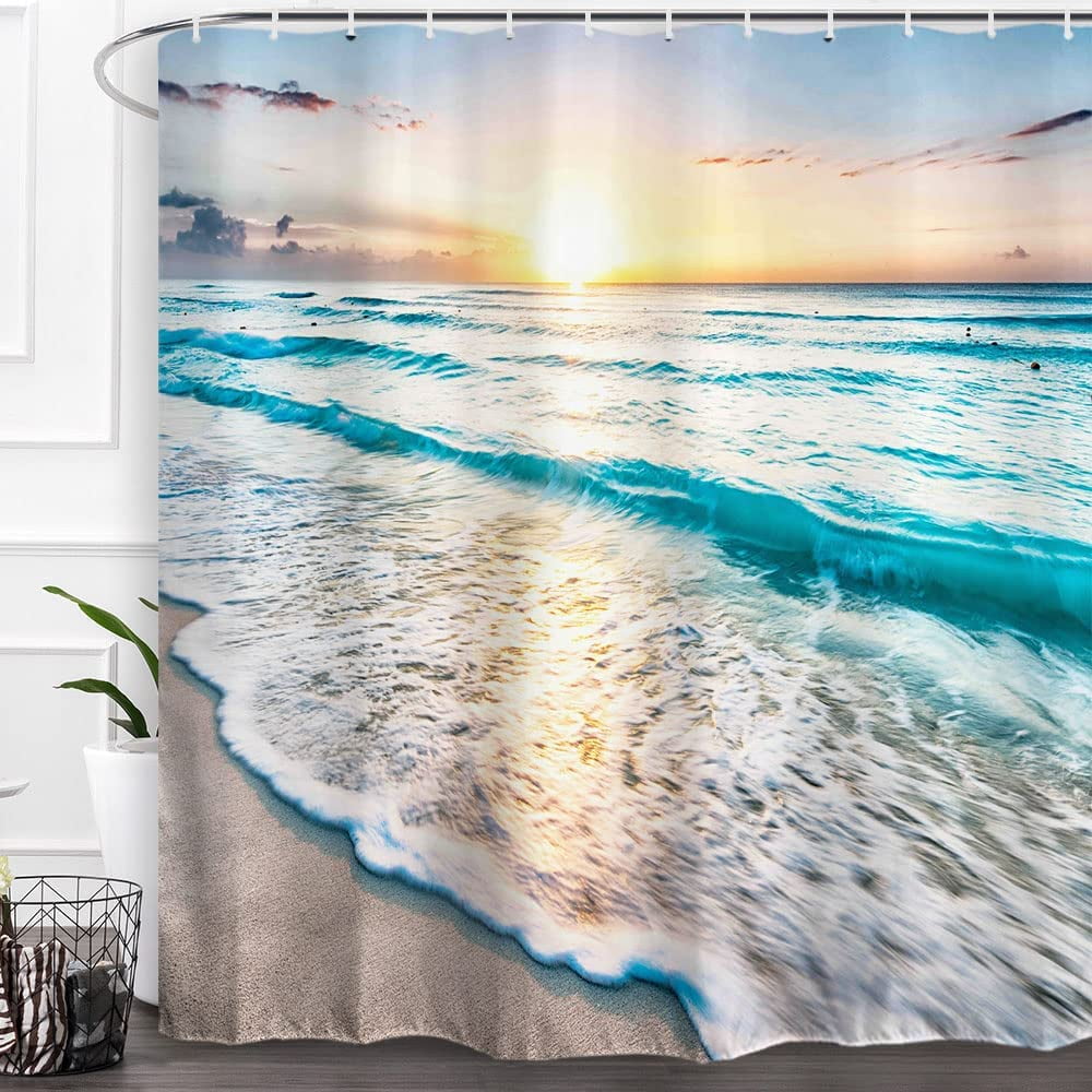 Tropical Beach Shower Curtain Seashore Theme Sunrise Hawaiian Blue