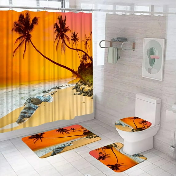 Tropical Beach Shower Curtain Set Summer Seaside Scene Ocean Island Palm Leaves Bath Screen Bathroom Mat Rug Carpet Toilet Cover