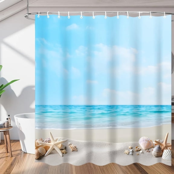 Tropical Beach Shower Curtain Sets, Seashell Beach Theme Washable Polyester Bath Curtain for Bathroom with Hooks 36"W x 72"H