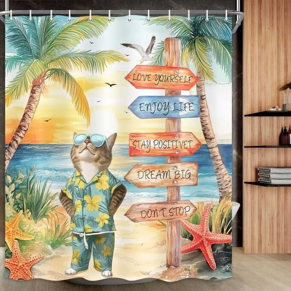 Tropical Beach Shower Curtain, Summer Beach Shower Curtain Set Funny Cat Shower Curtain Decor, Ocean Coastal Sunset Bathroom Curtain Hawaii Seaside Bath Curtain with 12 Hooks, 60X72IN