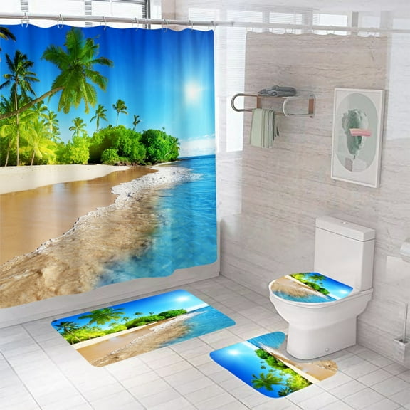 Tropical Beach Shower Curtain and Bath Rug Set 4 Pcs Fabric Palm Leaves Bathroom Curtain Set Decor 72x72 inches