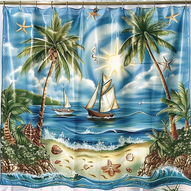Tropical Beach Shower Curtain with Palm Trees Boats Starfish and Ocean View Vibrant Colors Blue