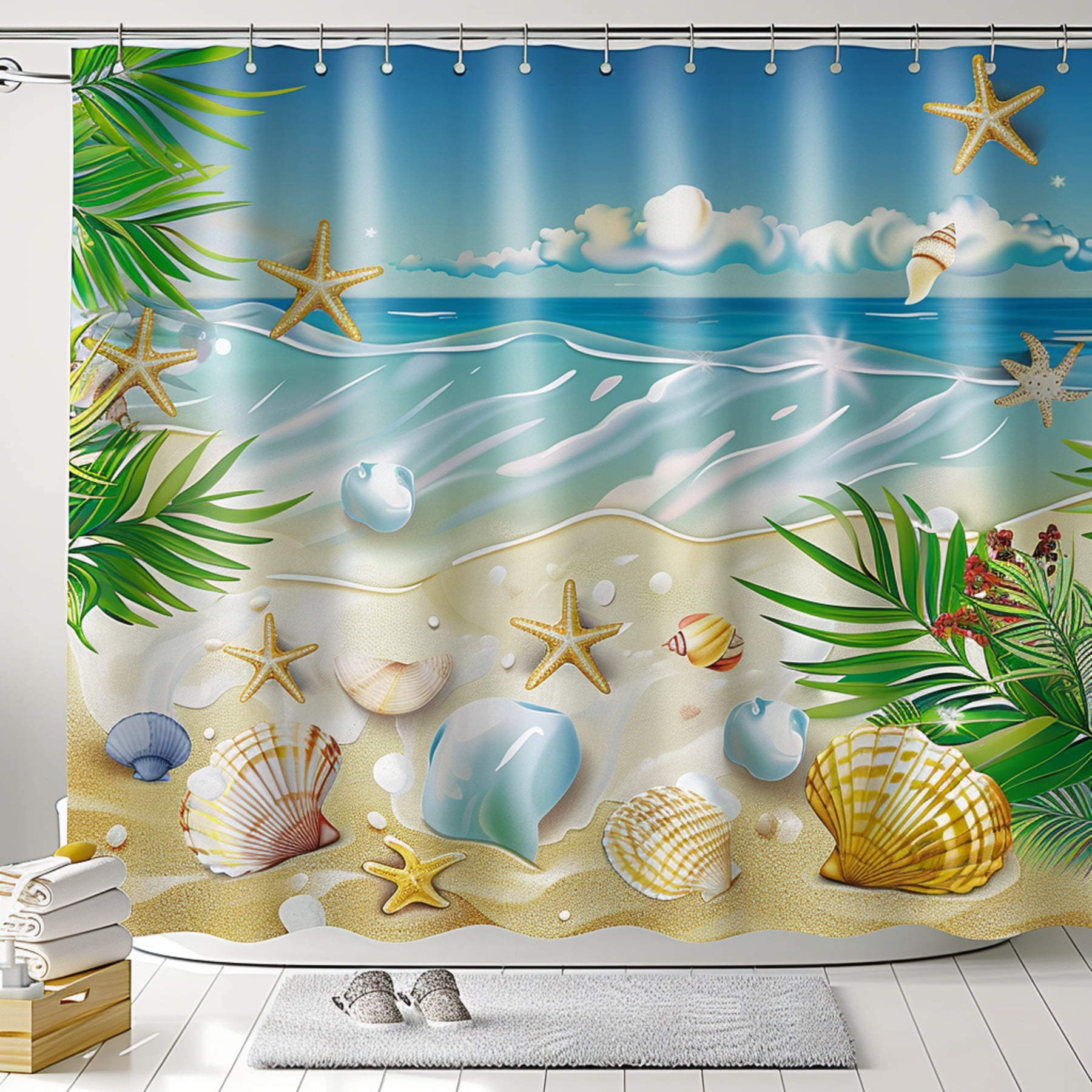 Tropical Beach Shower Curtain with Starfish Palm Leaves Seashells Cute