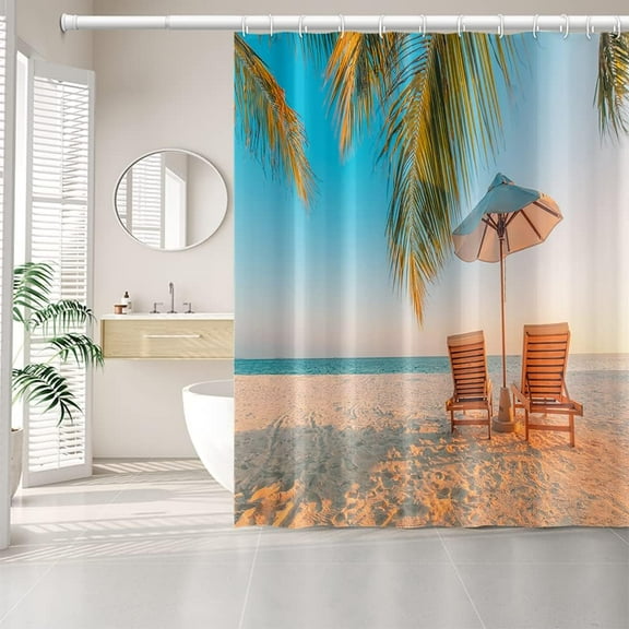 Tropical Beach Shower Curtains Summer Coastal Ocean Island Sailing Sun Beds Nautical Shower Curtain for Bathroom Decor Waterproof Polyester Fabric with 12 Hooks, 72x72 Inch