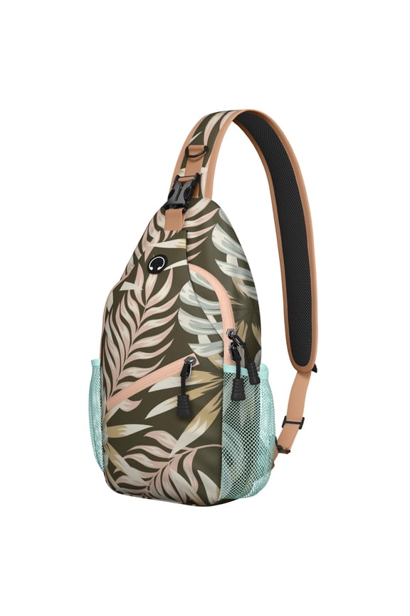 Tropical Beach Sling Backpack with Hawaiian Floral Pattern, Jungle Leaves, Vibrant Palm Leaf and Botanical Exotic Style for Summer Vacation