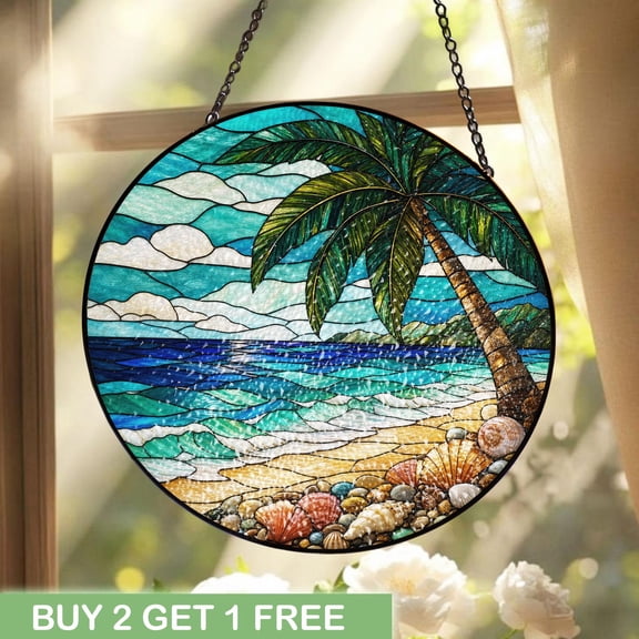 Tropical Beach Stained Glass, Palm Tree Ocean Window Art, Coastal Seashell Suncatcher, Summer Vacation Gift Decor For Beach Lover Stained