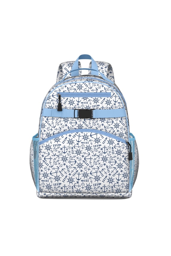 Tropical Beach Students Backpack with Nautical Anchor, Boat, Coastal Marine, Ocean Waves and Lighthouse Seaside Theme
