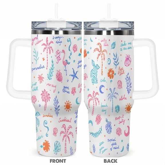 40oz Tropical Beach Summer Vibes Flamingo Palm Tree Ocean Quote Insulated Tumbler with Handle and Straw Travel Cup Car Cup