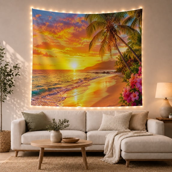 Tropical Beach Sunrise with Palm Trees and Hibiscus, Romantic Coastal Style for Beach Lovers, Seaside Wall Art, Housewarming Gift, Tapestry Wall Hanging for Bedroom and Living Room