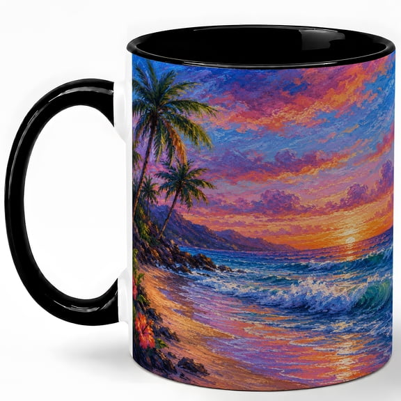 Tropical Beach Sunset 11oz Ceramic Mug, Palm Ocean Coffee Cup