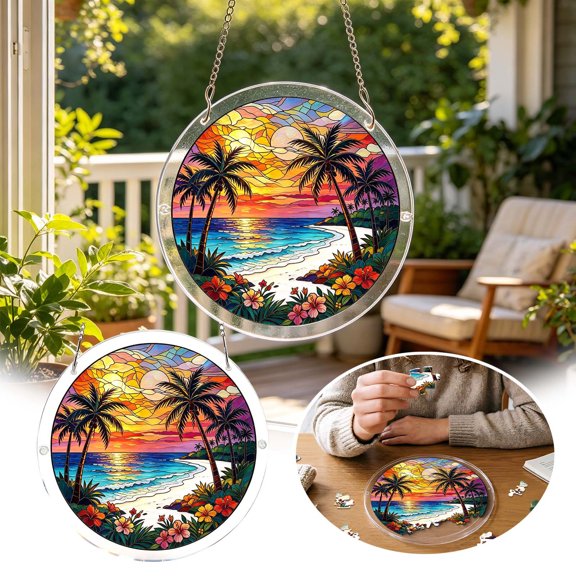 Tropical Beach Sunset Acrylic Puzzle Ornament 7.9" DIY Window Hanging Suncatcher Double-Sided Light Transmitting Decor Creative Art Pendant for Home & Garden Decor
