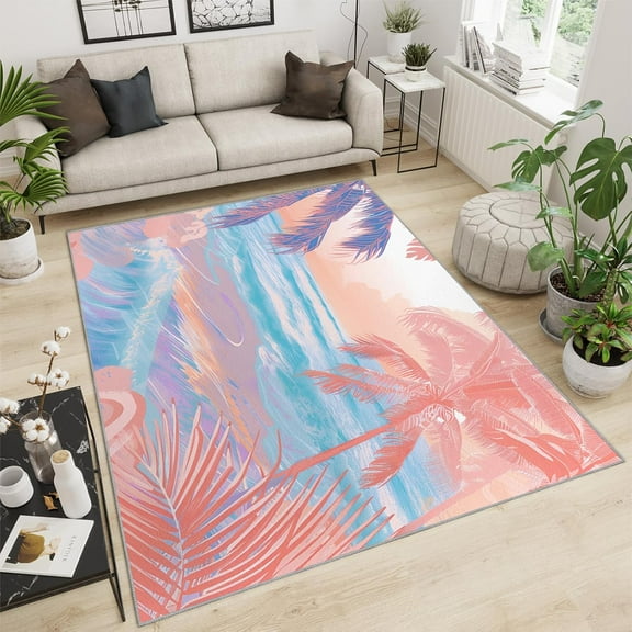 Tropical Beach Sunset Area Rug Ocean Wave Palm Tree Pattern Bedroom Rug, Coastal Living Room Rug, Indoor Non-Slip Rugs For Front Entrance Floor Decor 4x5ft