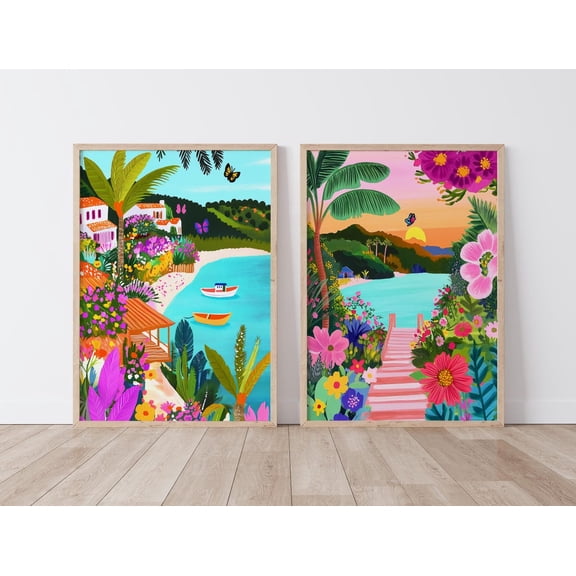 Tropical Beach Sunset Art Print Vibrant Paradise Decor Set 2 Unframed Paper Print 20x30