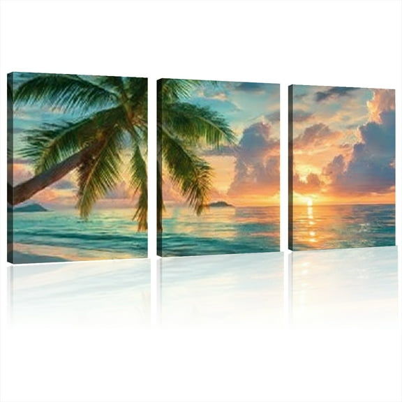 Tropical Beach Sunset Canvas Art Large Wall Decor Featuring Coconut Trees & Ocean View for Living Room, Bedroom, or Kitchen, Coastal Home Deco 12*16inch*3pcs