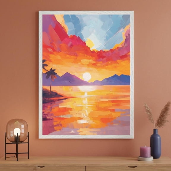 Tropical Beach Sunset Coastal Decor Impasto Style Palm Tree Island Summer Paradise Modern Ocean Abstract Wall Art Print