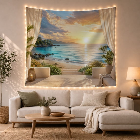 Tropical Beach Sunset Through Curtain Frame, Tranquil Coastal Scene for Ocean Lovers, Coastal Home Decor Housewarming Gift, Tapestry Wall Hanging for Living Room and Bedroom