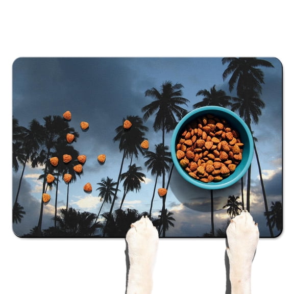 Tropical Beach Sunset Dog Food Mat - Minimalist Palm Tree Design - Non-Slip Absorbent Pet Placemat - Eco-Friendly Durable Feeding Pad for All Floor Types
