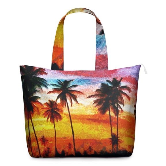 Tropical Beach Sunset Duffel Ocean Sunset Travel Bag with Hawaii Palm Tree Boho Vibes, Minimalist Summer Weekender Tote for Tropical Paradise Getaways