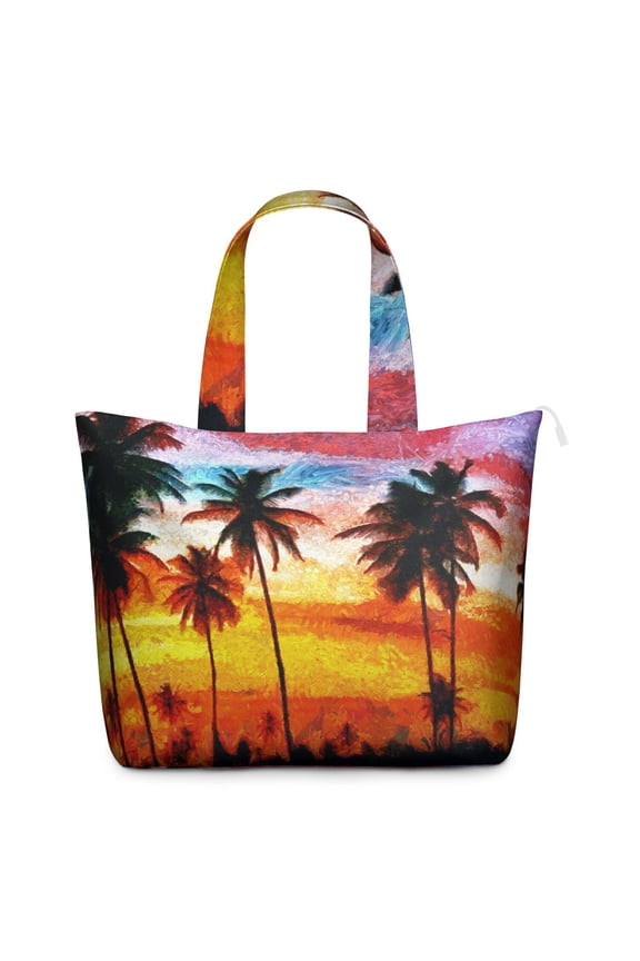 Tropical Beach Sunset Duffel Ocean Sunset Travel Bag with Hawaii Palm Tree Boho Vibes, Minimalist Summer Weekender Tote for Tropical Paradise Getaways