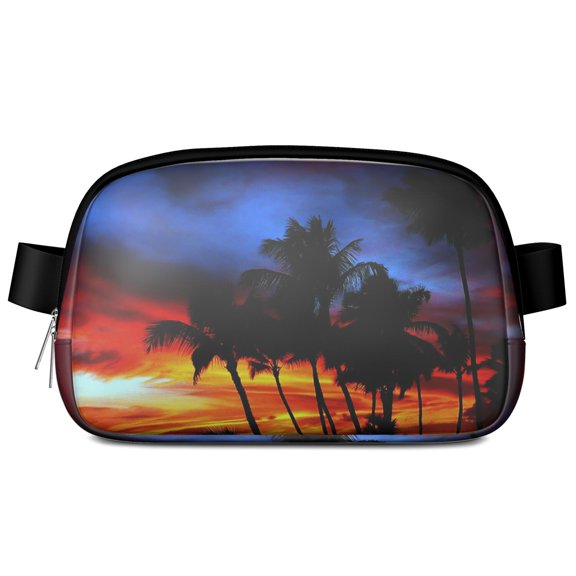 Tropical Beach Sunset Fanny Pack – Vibrant Palm Tree Waist Bag with Hawaiian Island Charm