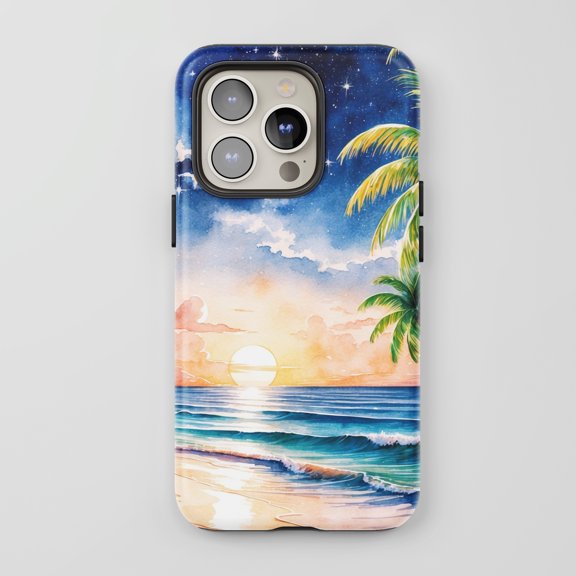Tropical Beach Sunset For All iPhone Series Protective Phone Case Watercolor Blue Orange