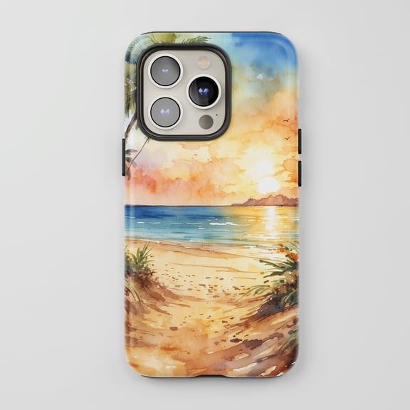 Tropical Beach Sunset For All iPhone Series Protective Phone Case Watercolor Multi-Color