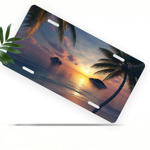 Tropical Beach Sunset Front License Plate, Metal License Plate, Funny Standard Plates Personalized Novelty Decorative For Men/Women/Boys/Girls Car 6×12 Inch