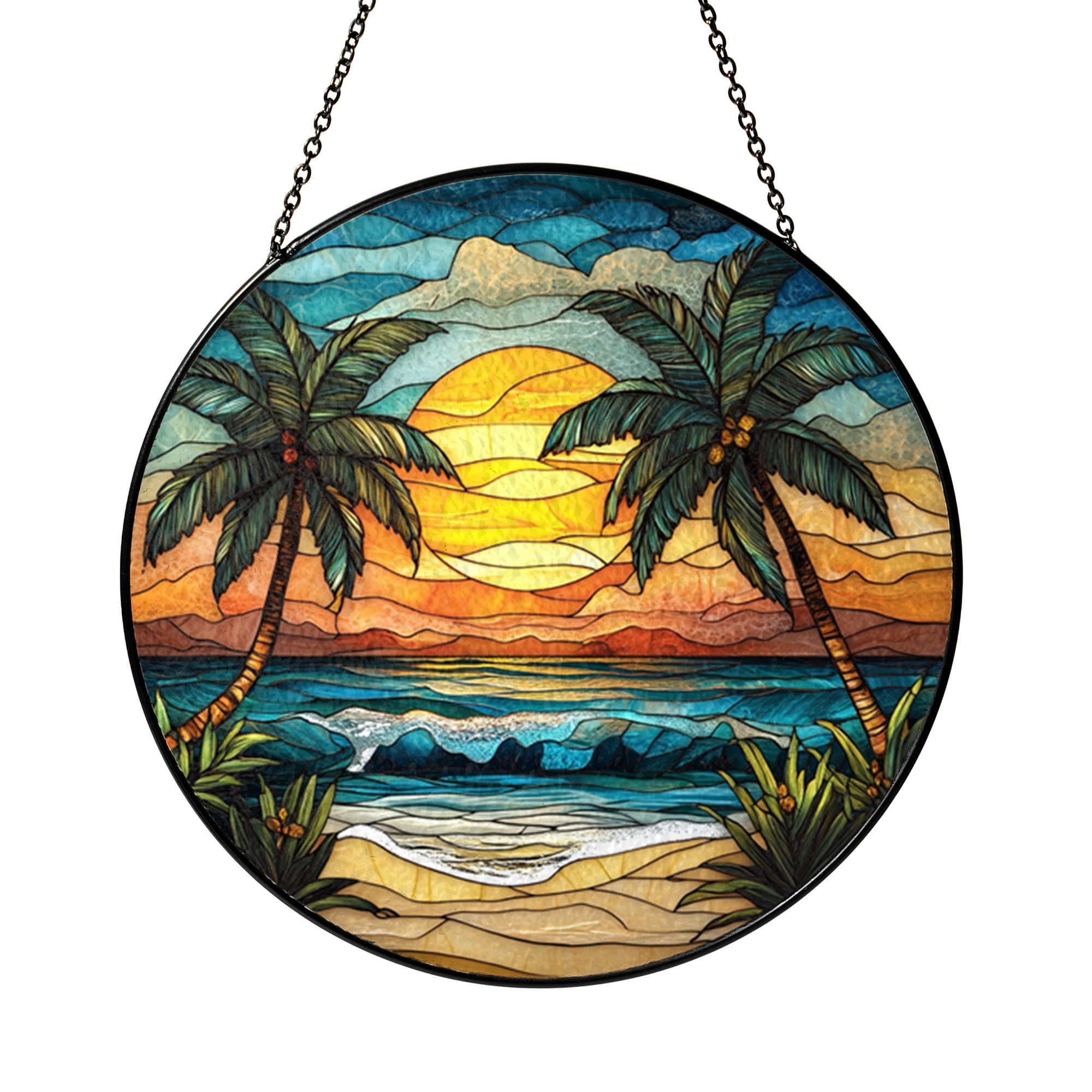 Tropical Beach Sunset Glass Suncatcher – Palm Tree Window Decor ...