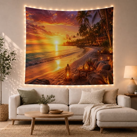 Tropical Beach Sunset with Lanterns on Sandy Shore Serene Coastal for Beach Lovers Coastal Art Print Birthday Gift Tapestry Wall Hanging for Bedroom and Living Room