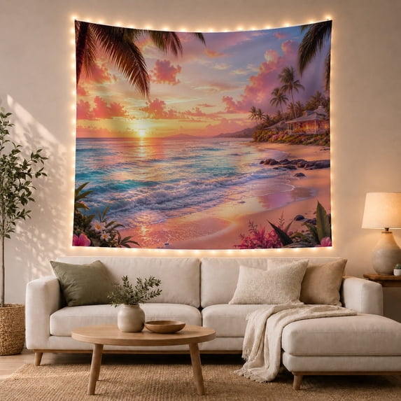 Tropical Beach Sunset Over Ocean with Palm Trees and Coastal House, Peaceful Coastal for Beach Lovers, Canvas Art Wall Decor, Housewarming Gift Tapestry Wall Hanging for Bedroom and Living Room