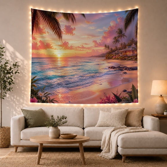 Tropical Beach Sunset Over Ocean with Palm Trees and Coastal House, Peaceful Coastal for Beach Lovers, Canvas Art Wall Decor, Housewarming Gift Tapestry Wall Hanging for Bedroom and Living Room