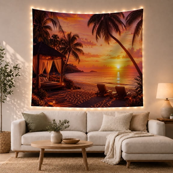 Tropical Beach Sunset Over a Palm-Lined Shore, Serene Illustration for Beach Lovers, Coastal Wall Art, Housewarming Gift, Tapestry Wall Hanging for Bedroom and Living Room