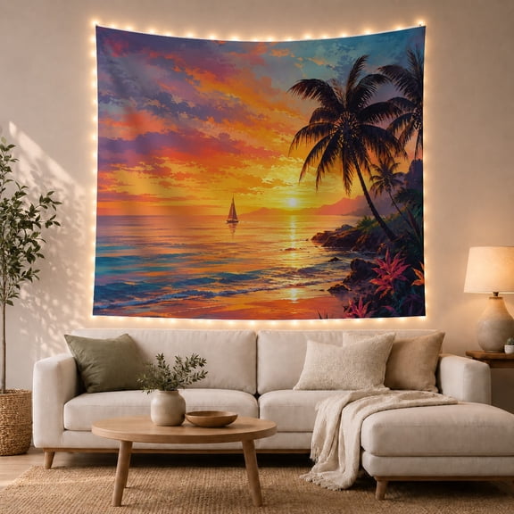 Tropical Beach Sunset with Palm Trees Against Ocean Sky Peaceful Coastal for Beach Lovers Coastal Home Decor Housewarming Gift Tapestry Wall Hanging for Bedroom and Living Room