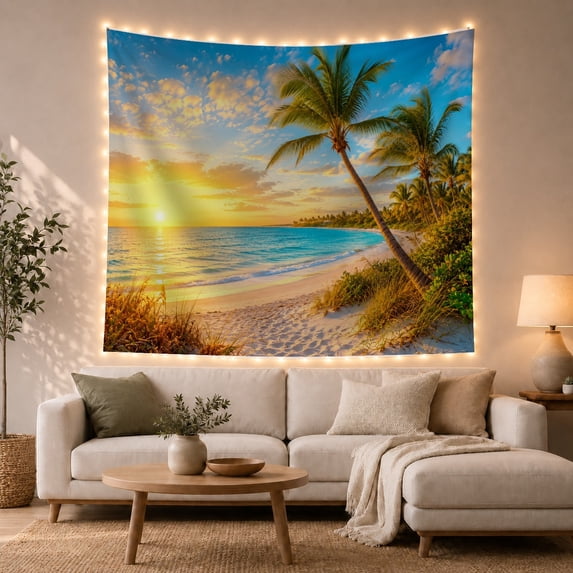 Tropical Beach Sunset with Palm Trees and Ocean Waves, Serene Coastal Art for Beach Lovers, Nature Wall Decor, Housewarming Gift Tapestry Wall Hanging for Bedroom and Living Room