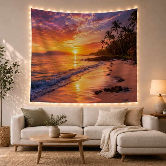 Tropical Beach Sunset with Palm Trees on a Sandy Shore, Serene Coastal for Beach Lovers, Tranquil Ocean Art Decor, Housewarming Gift, Tapestry Wall Hanging for Bedroom and Living Room